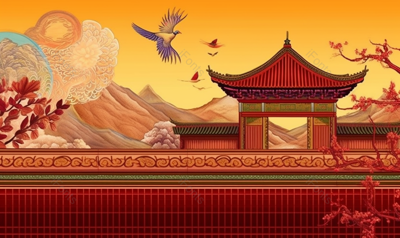 红色围墙内院建筑山水画插画,插画/手绘图,插画/手绘图库,插画/手绘图下载,插画/手绘